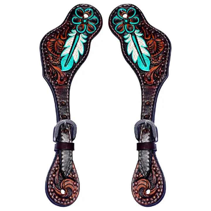 Annie Petal Turquoise Hand Painted Horse Western Leather Spur Strap Brown