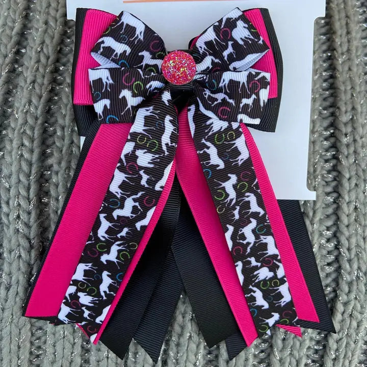 Horse Show Bows - White Horses on Black and Pink