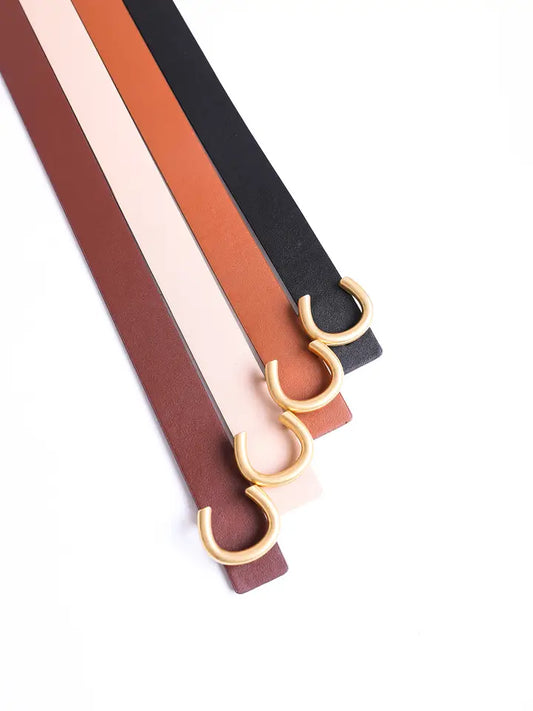 Minimalist Gold Horseshoe Leather Belt - Brown