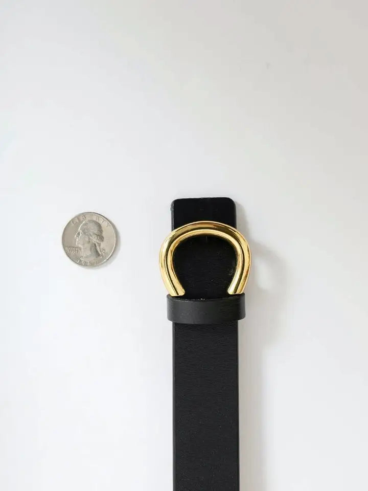 Minimalist Gold Horseshoe Leather Belt - Brown