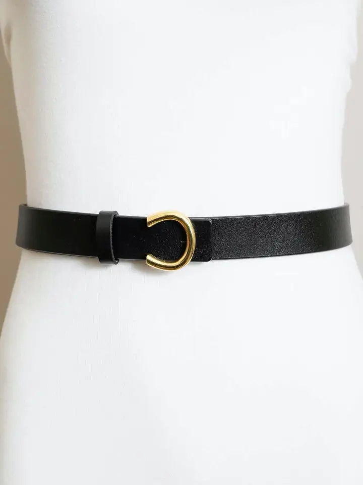 Minimalist Gold Horseshoe Leather Belt - Brown