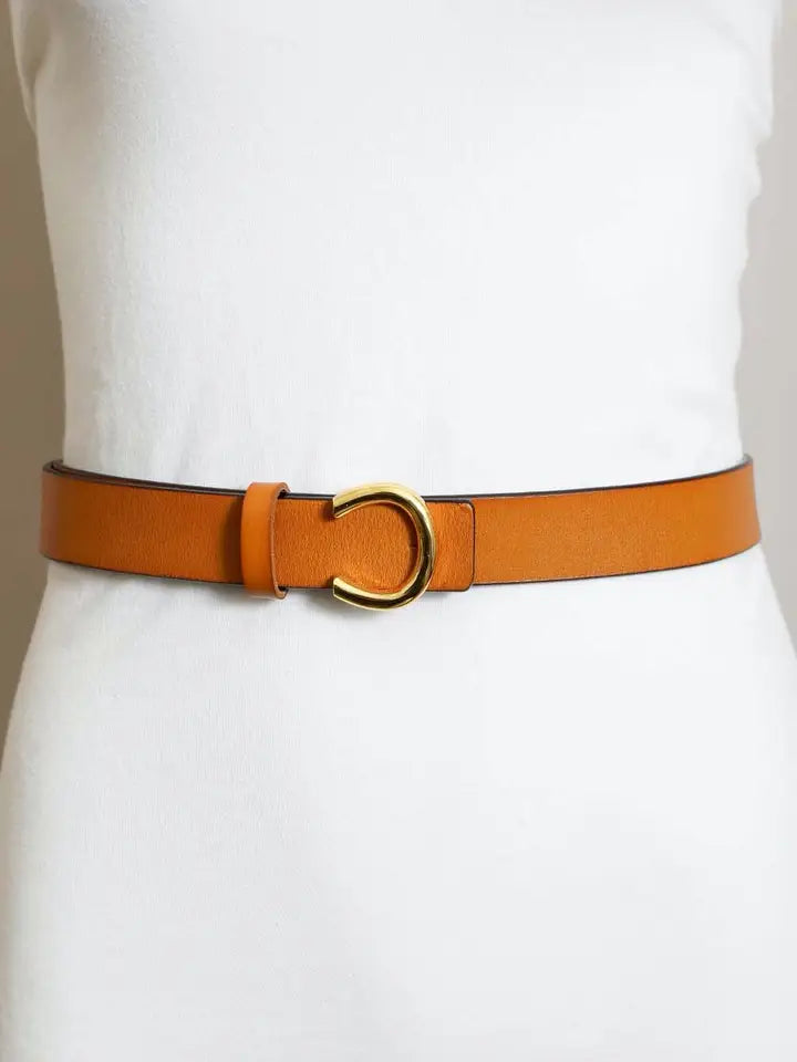 Minimalist Gold Horseshoe Leather Belt - Brown