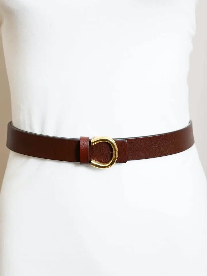 Minimalist Gold Horseshoe Leather Belt - Brown