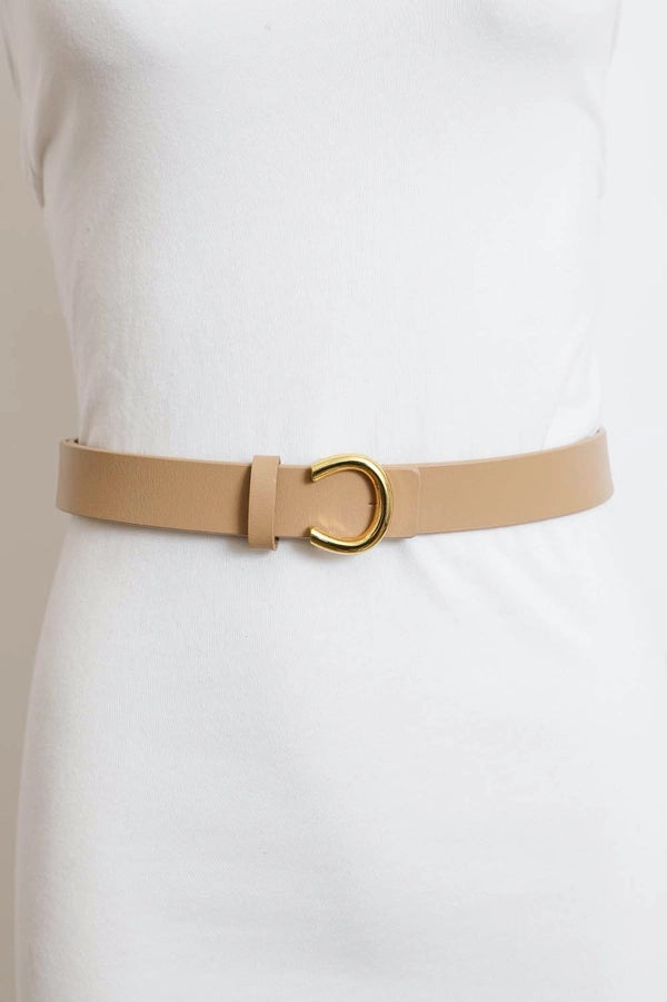 Minimalist Gold Horseshoe Leather Belt - Brown