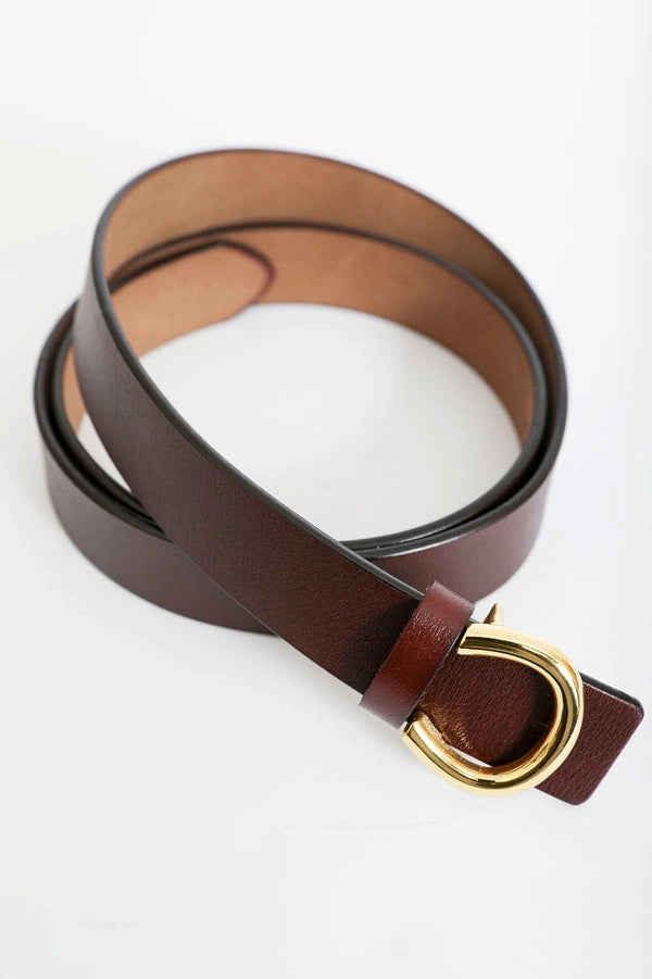 Minimalist Gold Horseshoe Leather Belt - Brown