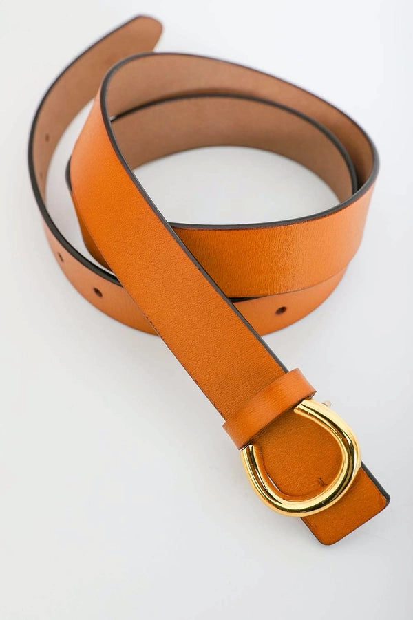 Minimalist Gold Horseshoe Leather Belt - Brown