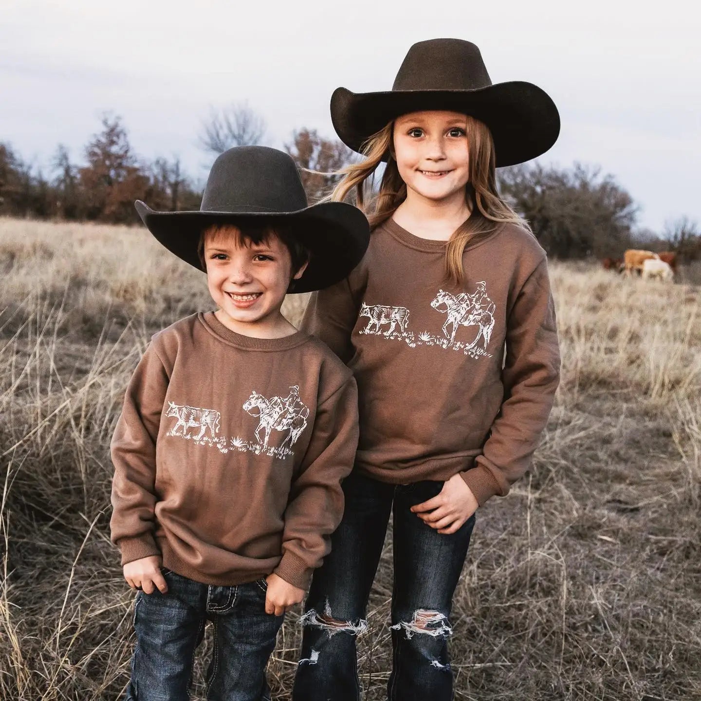 Kids Western Pullover Long Sleeve Shirt - Cattle Print