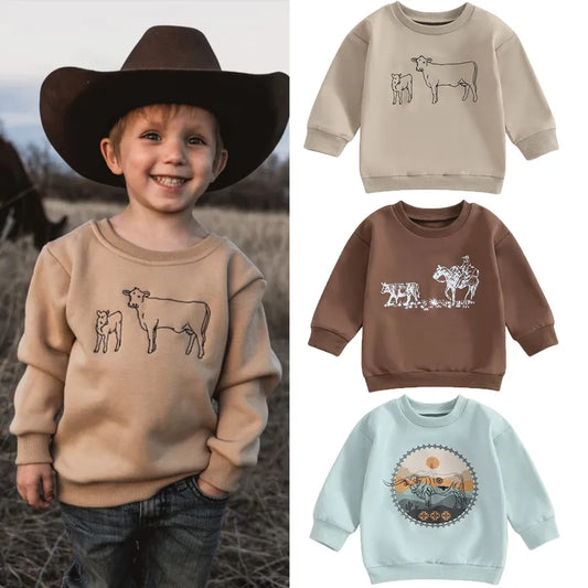 Kids Western Pullover Long Sleeve Shirt - Cattle Print