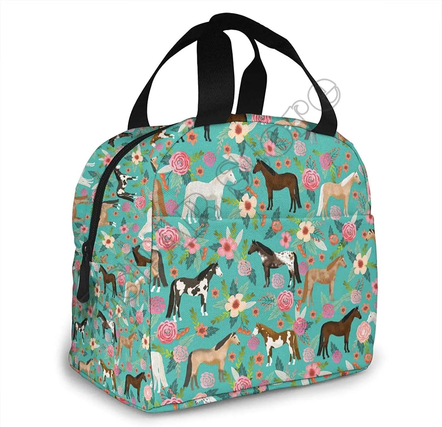 Horses And Flowers Lunch Bag Insulated Water-Resistant Tote