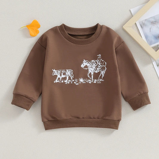 Kids Western Pullover Long Sleeve Shirt - Cattle Print