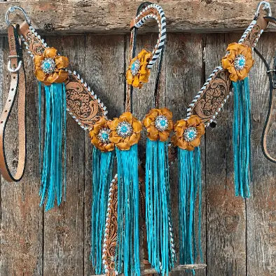 White Whipstitch Yellow and Turquoise Browband/One Ear Headstall & Breastcollar Tack Set