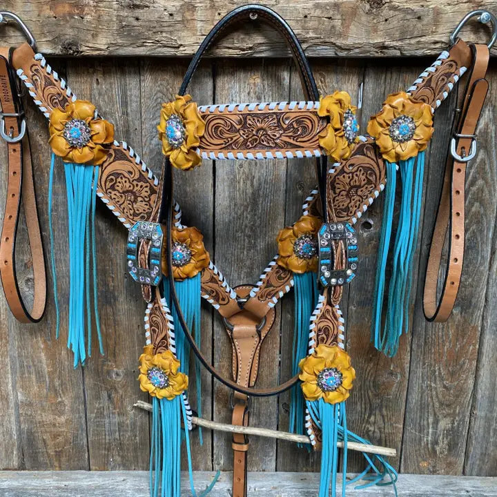 White Whipstitch Yellow and Turquoise Browband/One Ear Headstall & Breastcollar Tack Set