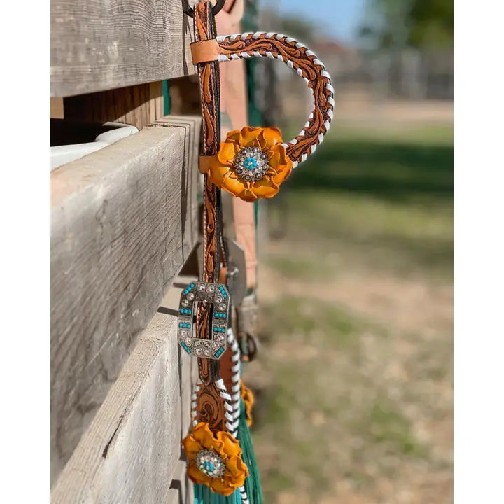 White Whipstitch Yellow and Turquoise Browband/One Ear Headstall & Breastcollar Tack Set