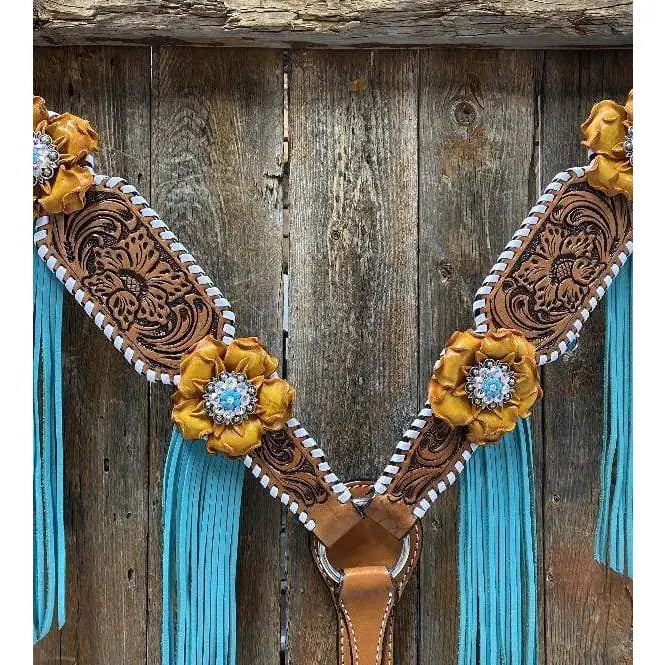 White Whipstitch Yellow and Turquoise Browband/One Ear Headstall & Breastcollar Tack Set
