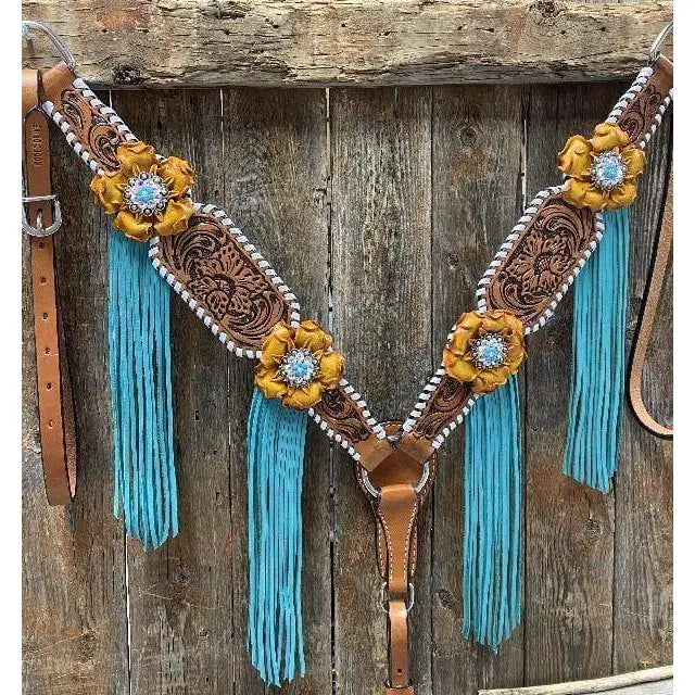 White Whipstitch Yellow and Turquoise Browband/One Ear Headstall & Breastcollar Tack Set