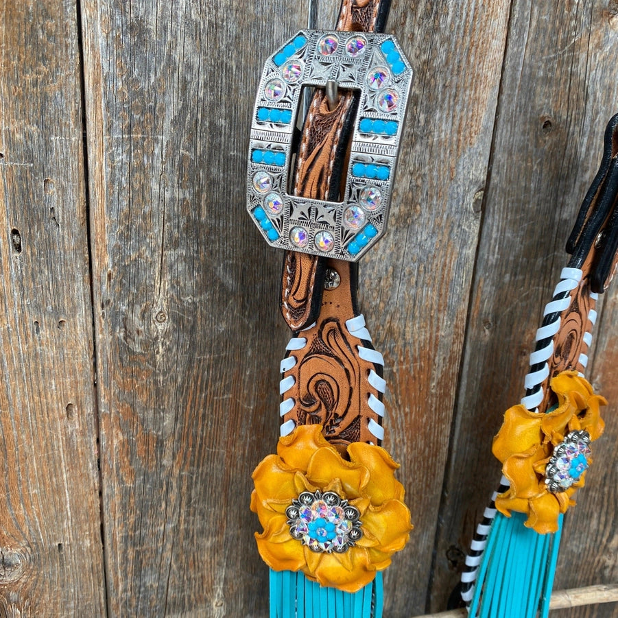 White Whipstitch Yellow and Turquoise Browband/One Ear Headstall & Breastcollar Tack Set