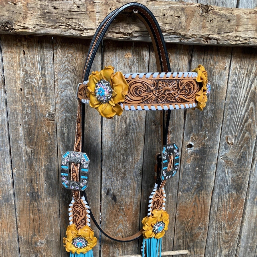 White Whipstitch Yellow and Turquoise Browband/One Ear Headstall & Breastcollar Tack Set