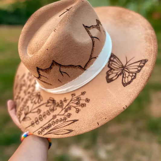 Burned Wool Fedora Hat Cowgirl, Butterfly, Wildflower, Boho