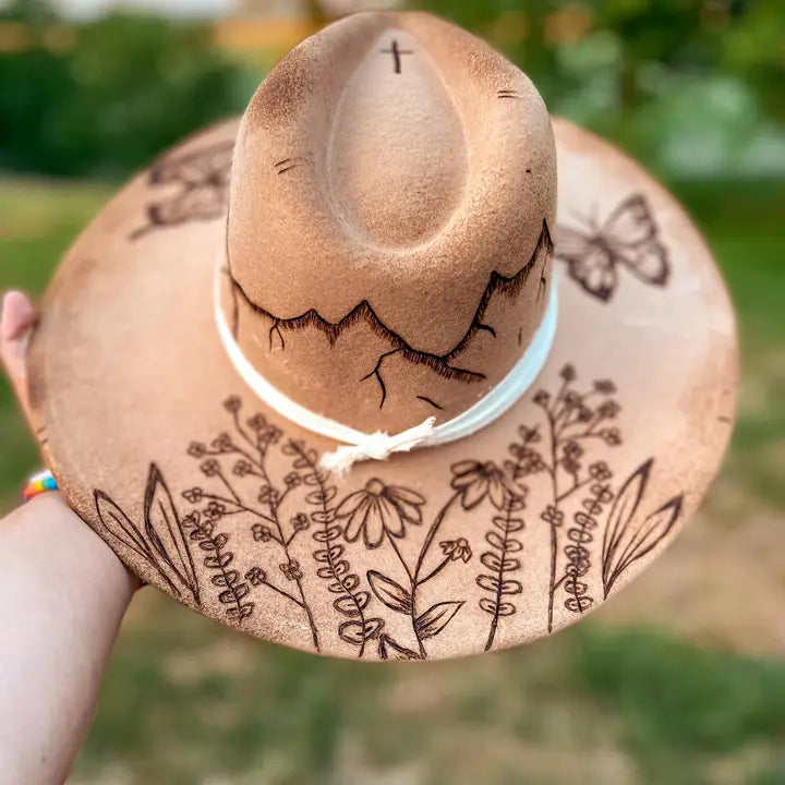 Burned Wool Fedora Hat Cowgirl, Butterfly, Wildflower, Boho