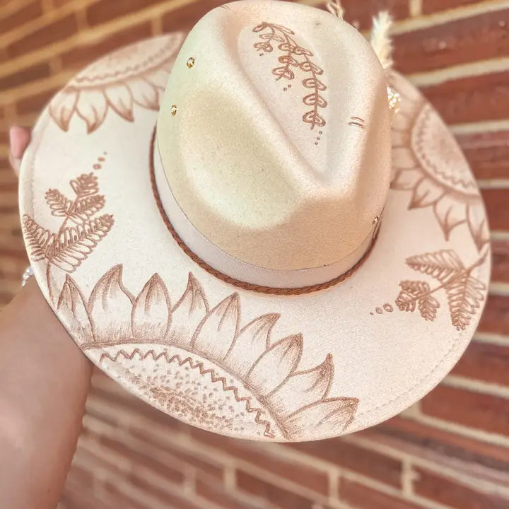Sunflower Burned Fedora Floral Western Fern Jewel Custom