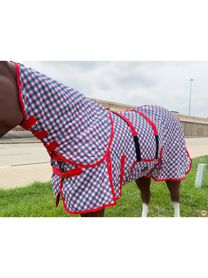 66"-84" Horse Fly Sheet with Neck Uv Protection Patriotic Blue/Red Plaid