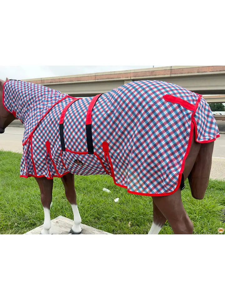 66"-84" Horse Fly Sheet with Neck Uv Protection Patriotic Blue/Red Plaid