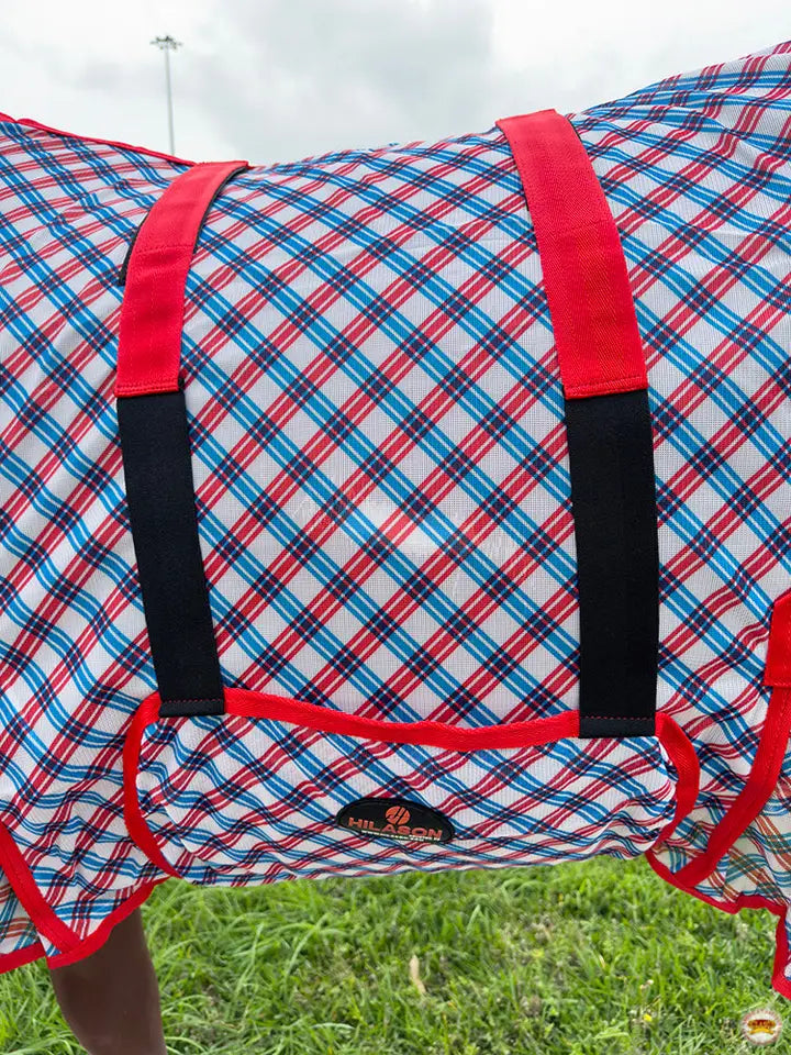 66"-84" Horse Fly Sheet with Neck Uv Protection Patriotic Blue/Red Plaid