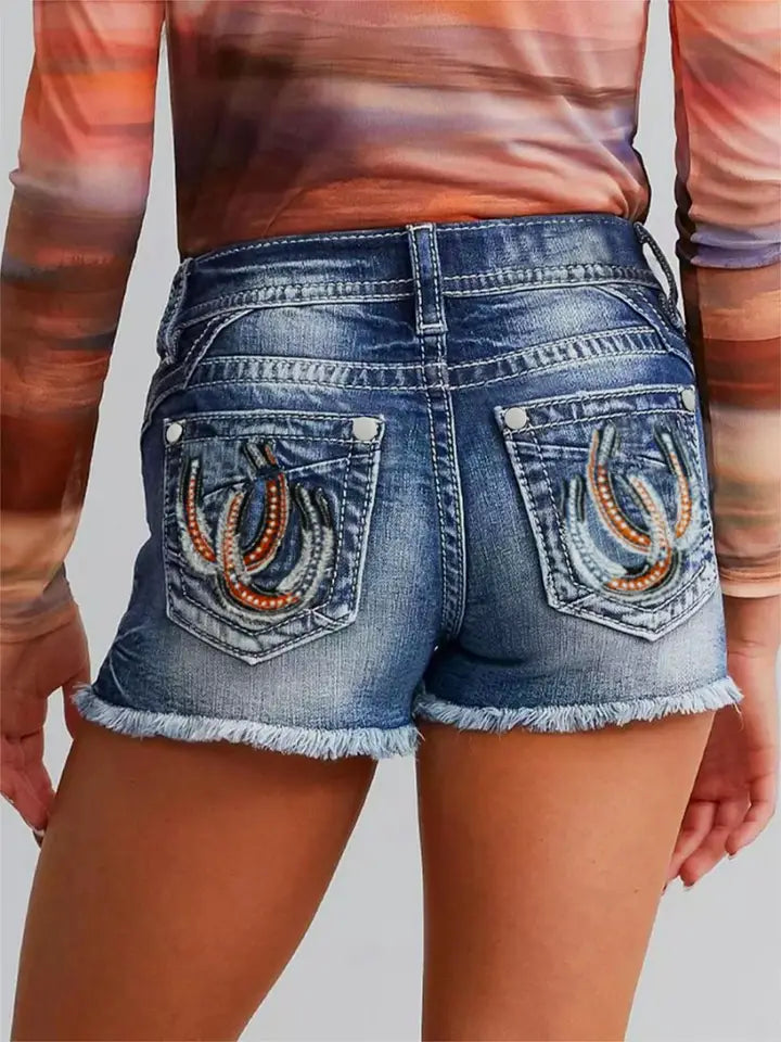 Horseshoe Embroidered Denim Shorts