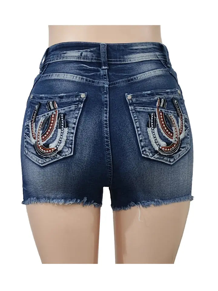 Horseshoe Embroidered Denim Shorts