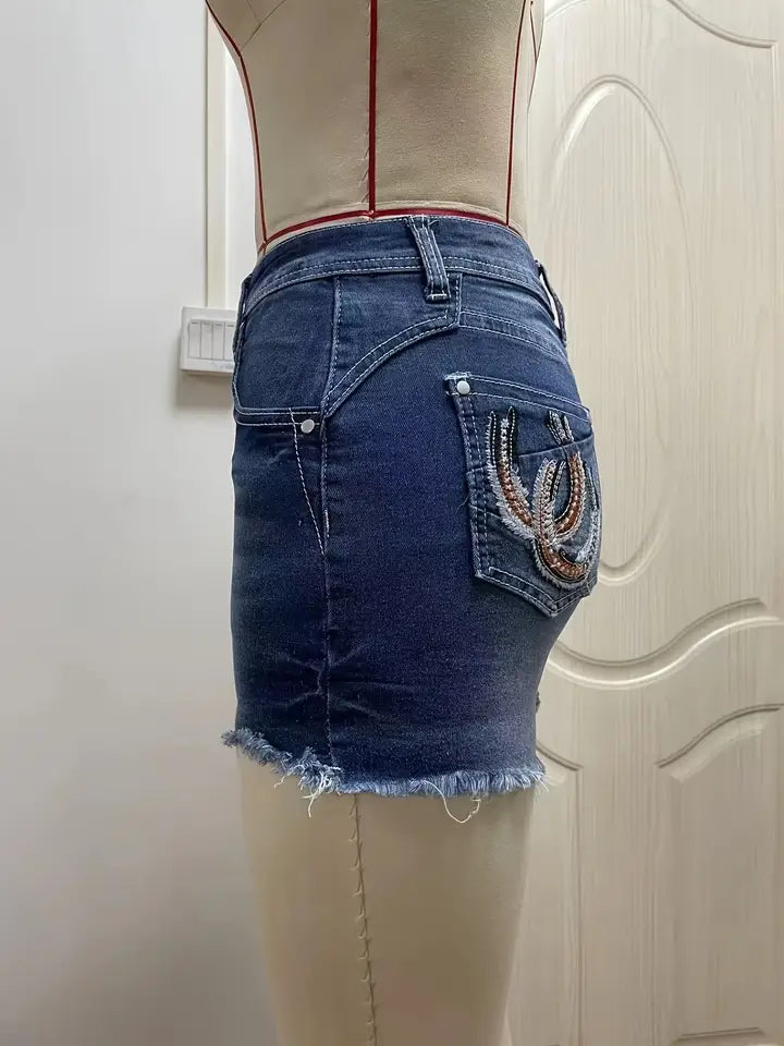 Horseshoe Embroidered Denim Shorts