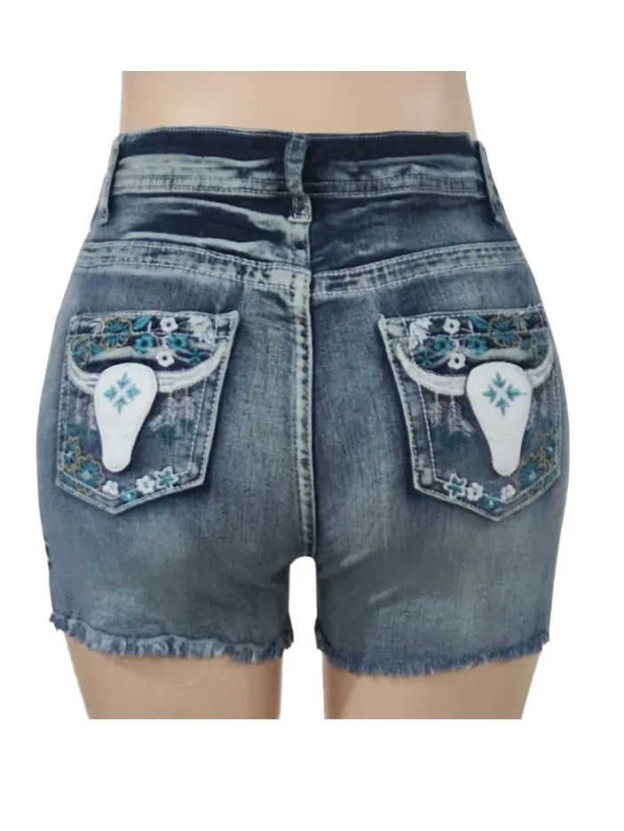 Vintage Embroidered Raw-Edged Denim Shorts