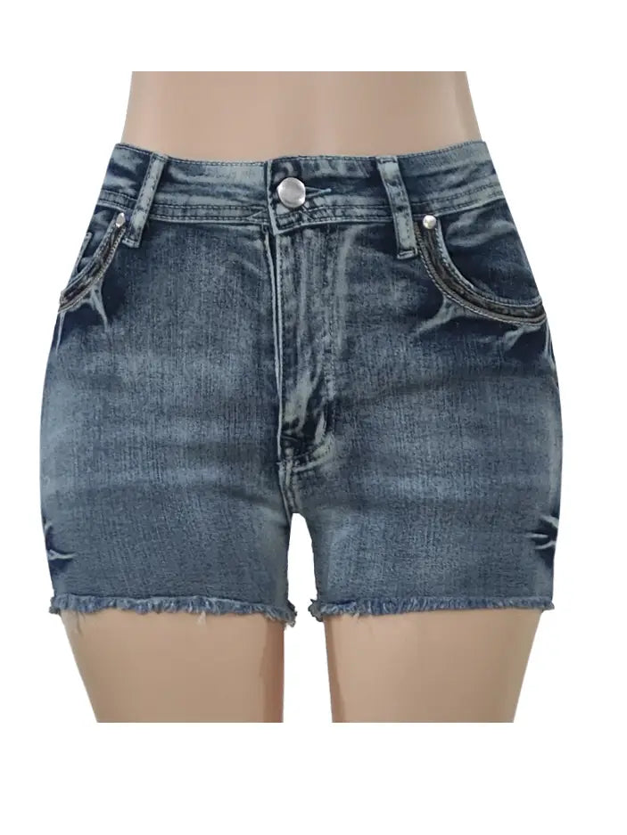 Vintage Embroidered Raw-Edged Denim Shorts