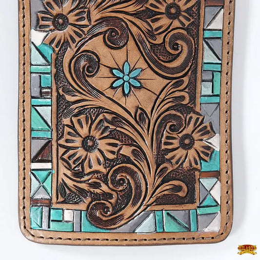 Stylish Hand Tooled Leather Smartphone Cell Phone Holder Teal
