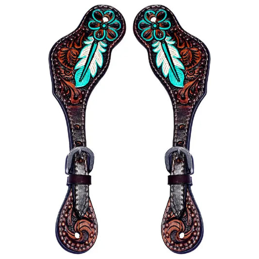 Annie Petal Turquoise Hand Painted Horse Western Leather Spur Strap Brown