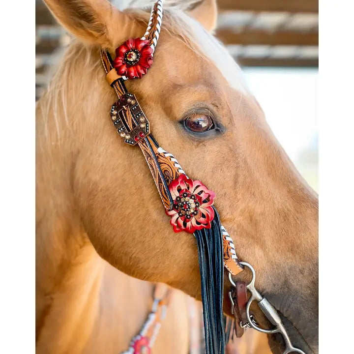 Light Oil Whipstitch Black and Red One Ear & Breastcollar Tack Set