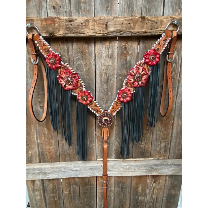 Light Oil Whipstitch Black and Red One Ear & Breastcollar Tack Set