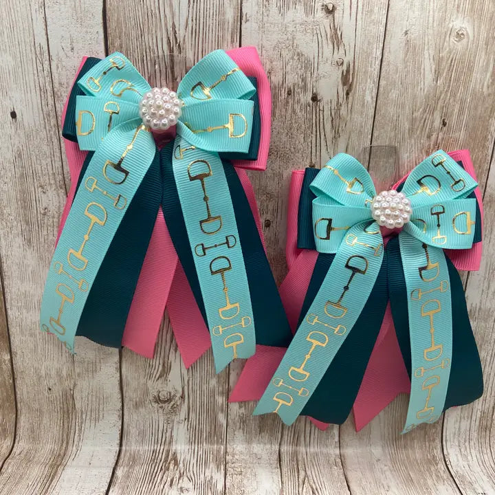 Horse Show Bows - Aqua Bits with Teal and Hot Pink