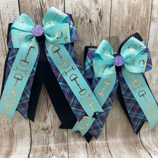 Horse Show Bows - Aqua Bits with Purple Plaid On Black