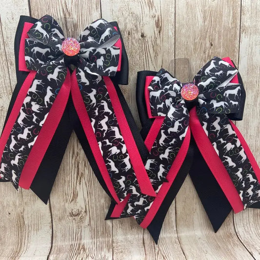 Horse Show Bows - White Horses on Black and Pink