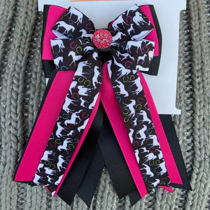 Horse Show Bows - White Horses on Black and Pink
