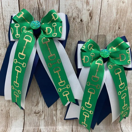 Horse Show Bows - Emerald Green Bits On White and Navy