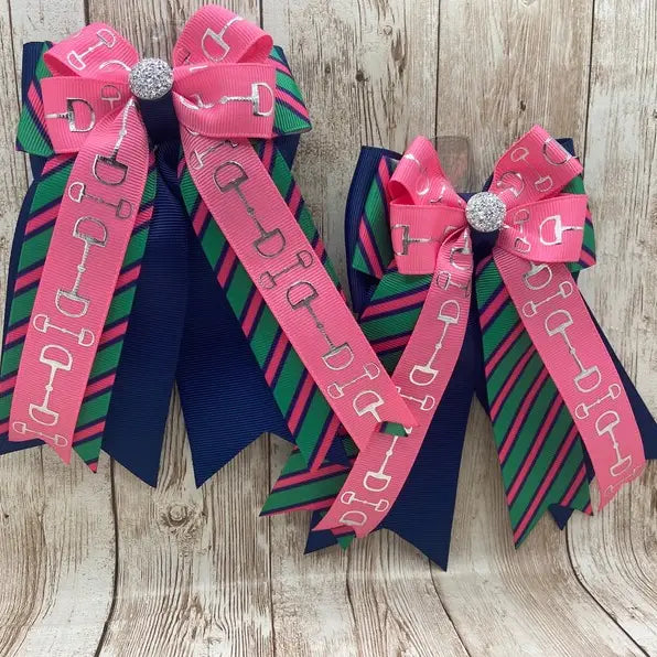 Horse Show Bows - Hot Pink Bits On Preppy Green Stripe &Navy