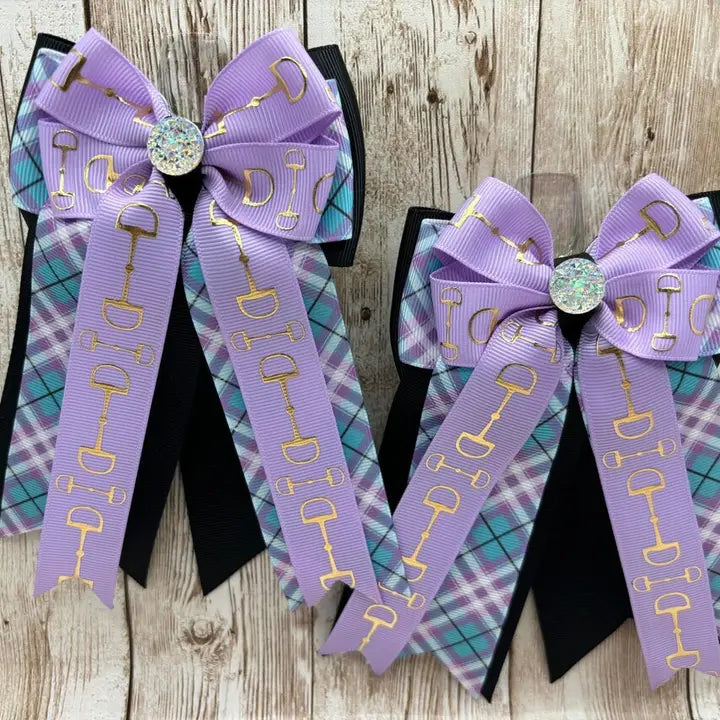 Horse Show Bows - Lavender Bits on Aqua Plaid and Black