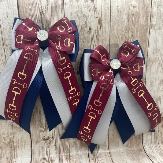 Horse Show Bows - Maroon Bits on Silver and Navy