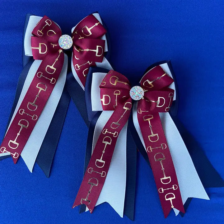 Horse Show Bows - Maroon Bits on Silver and Navy