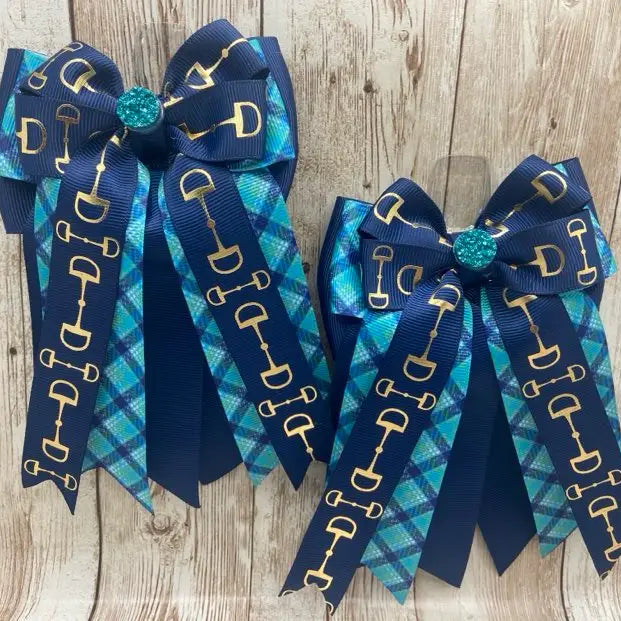 Horse Show Bows - Navy Bits On Teal Plaid