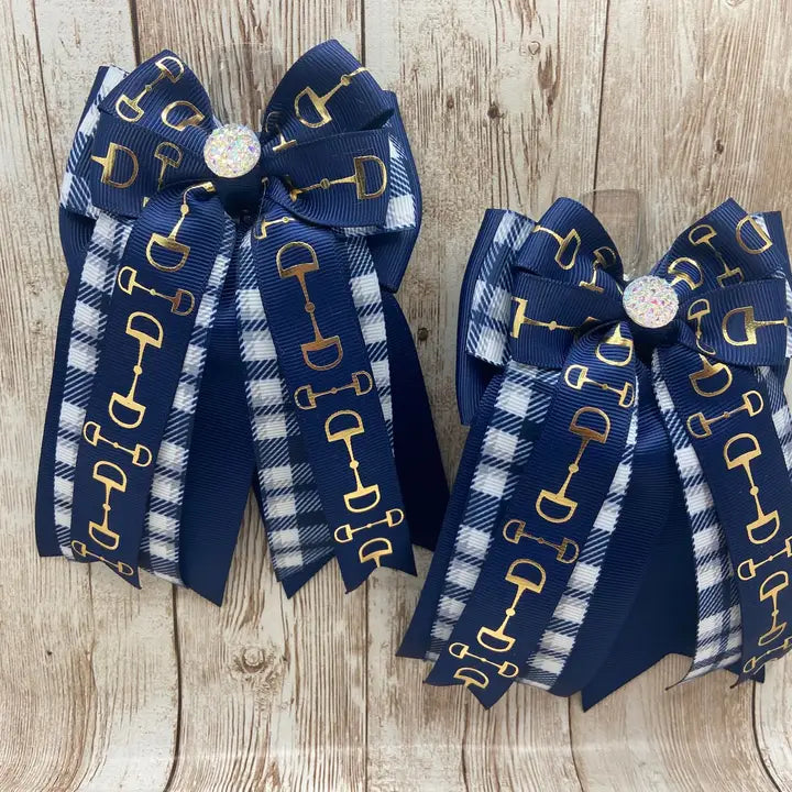 Horse Show Bows - Navy Bits on Navy and White Plaid