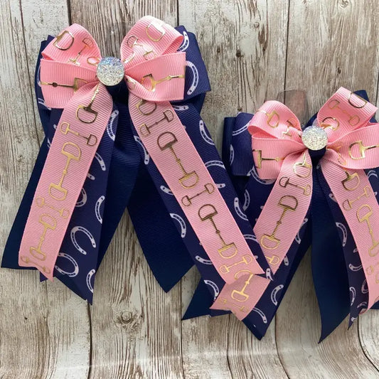 Horse Show Bows - Pink Bits with Navy and Pink Horse Shoes