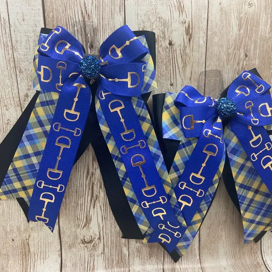 Horse Show Bows - Royal Blue Bits On Blue and Yellow Plaid