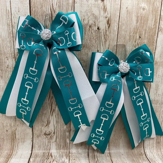 Horse Show Bows - Teal Bits with White